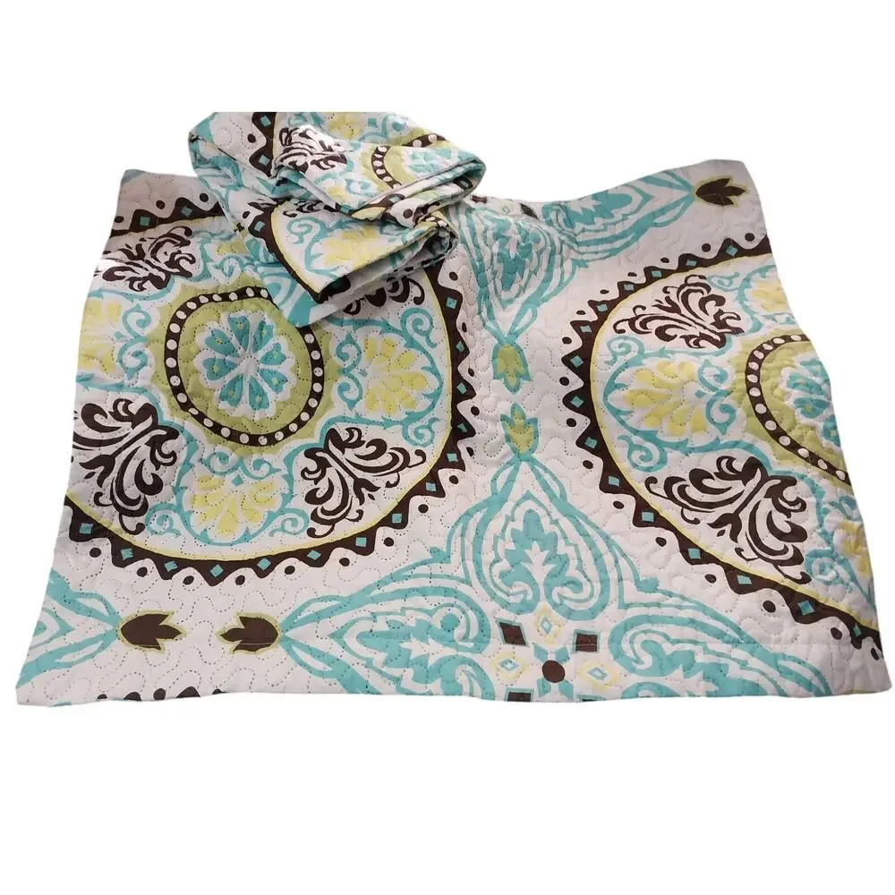 SPIRIT LINEN! WHITE W/YELLOW, AQUA & BROWN MANDALA QUILT & 2 SHAMS! SZ QN